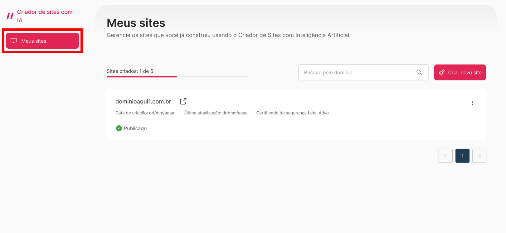 [Alt text: imagem da lista de sites disponíveis em uma conta do Criador de Sites com IA.